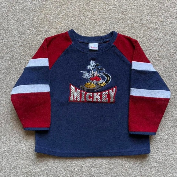 Kids Disney Mickey Mouse Fleece Crewneck Sweater Blue Red Striped‎ Youth XXS - Picture 1 of 5
